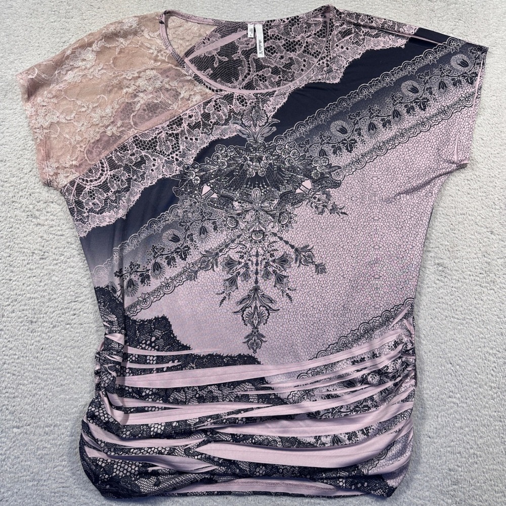 Y2K‎ Studio Y Lace Print Top Ruched Short Sleeve Blouse  Size L Made in USA